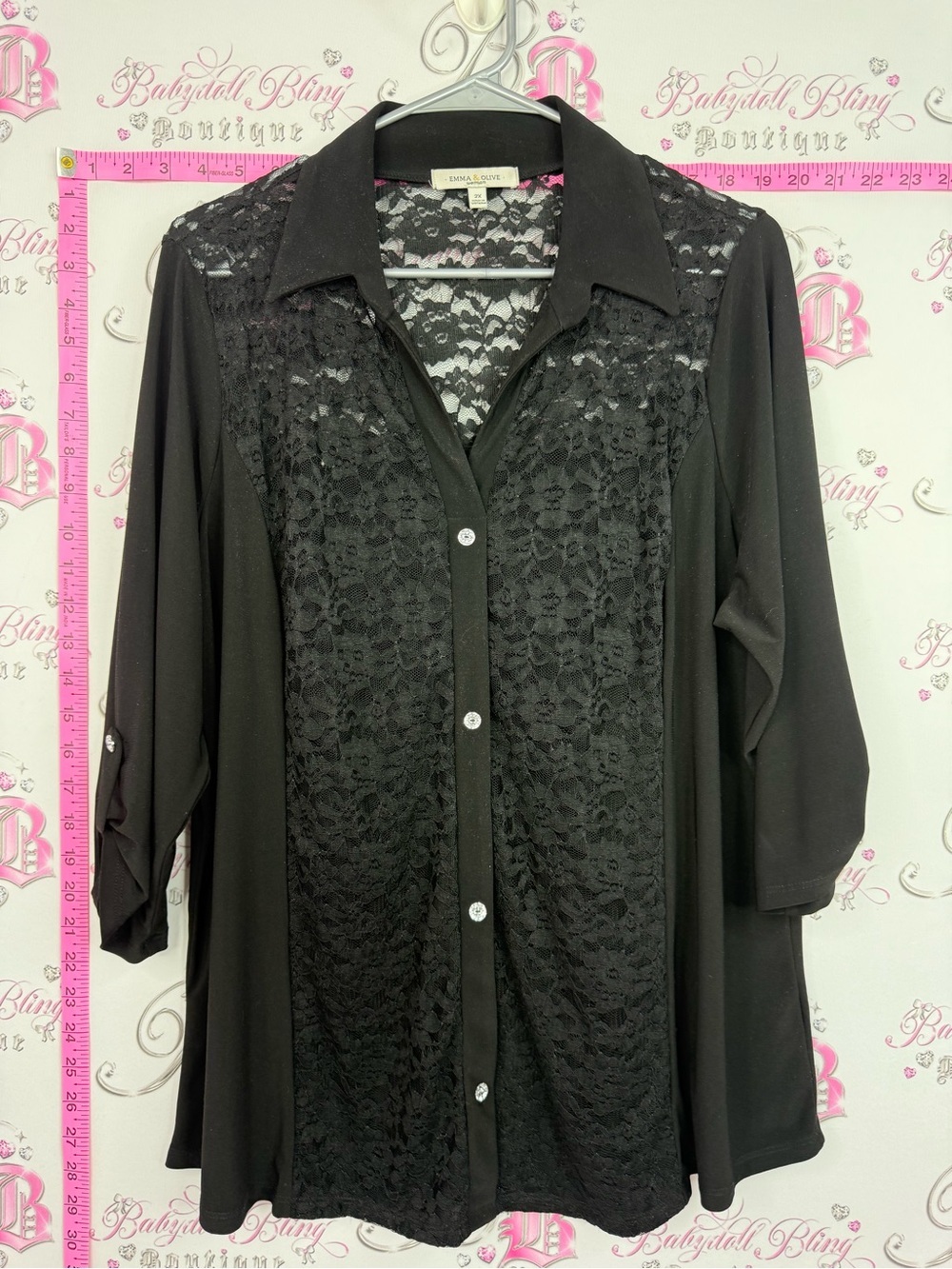 Emma and Olive shirt Black Lace Front Button-Down Blouse